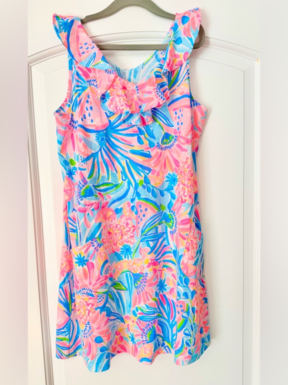 Lilly Pulitzer Girls Pink & Blue Tropical Floral Ruffle Sleeveless Dress 8/10
